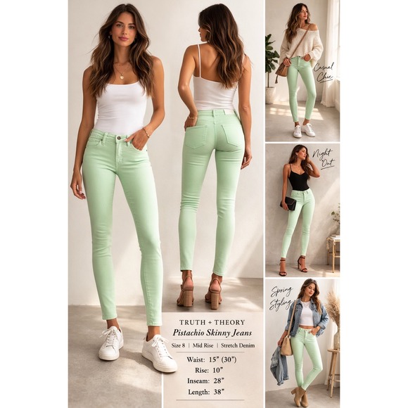 Truth + Theory Denim - Truth + Theory Pistachio Skinny Jeans Womens 8 Mint Green Mid Rise OM21038F57